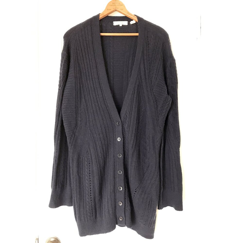 Inhabit Cotton Cashmere Navy Blue Long Cardigan V Neck Abstract Cable Small